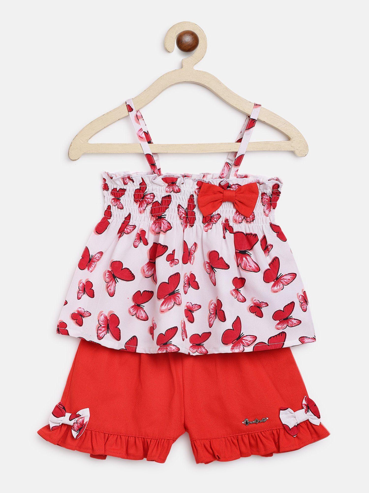 girls printed shoulder straps top with shorts (set of 2)