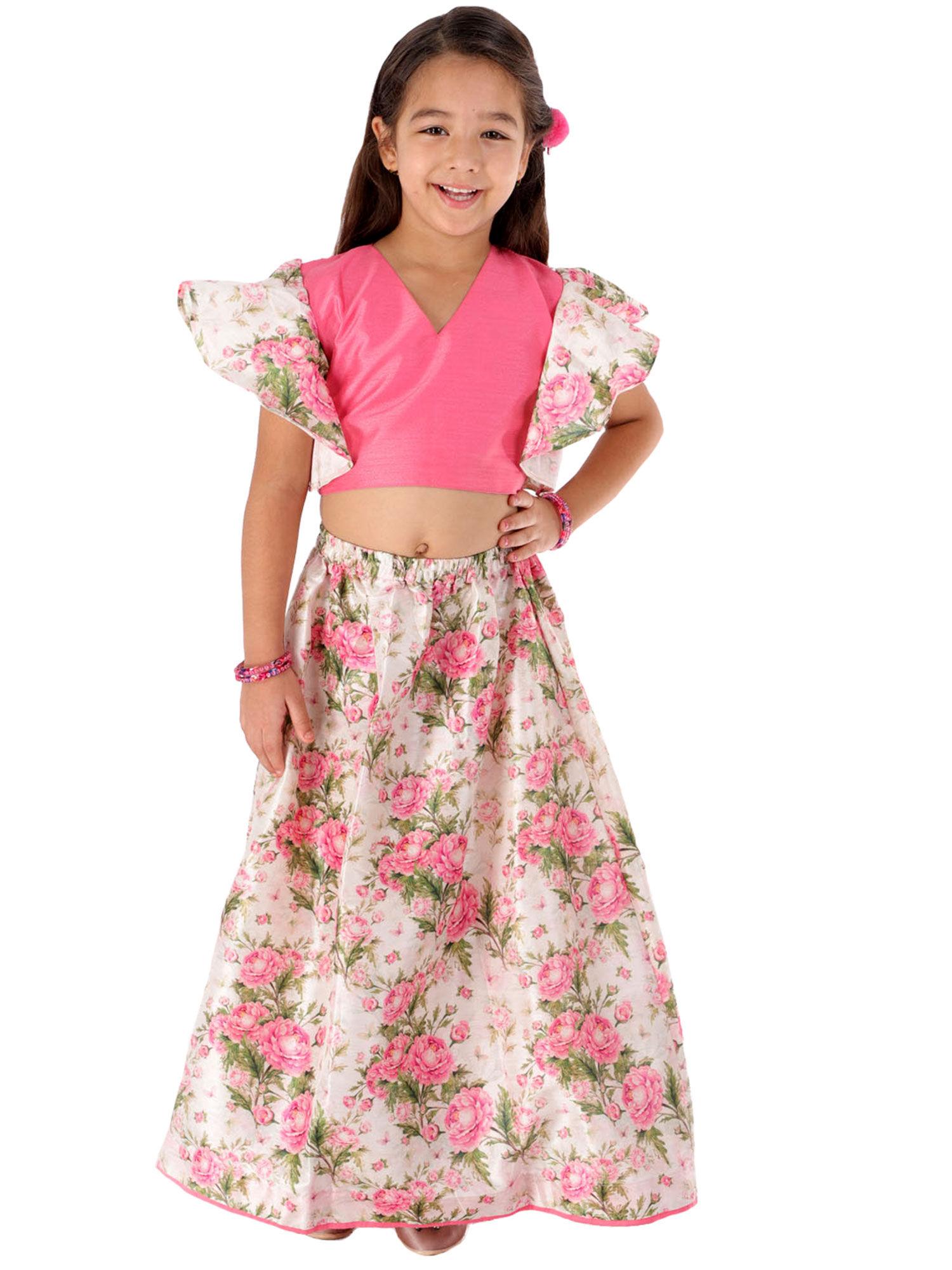 girls printed silk blend ruffled crop top and skirt (set of 2)