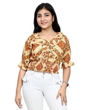 girls printed slim fit v-neck top