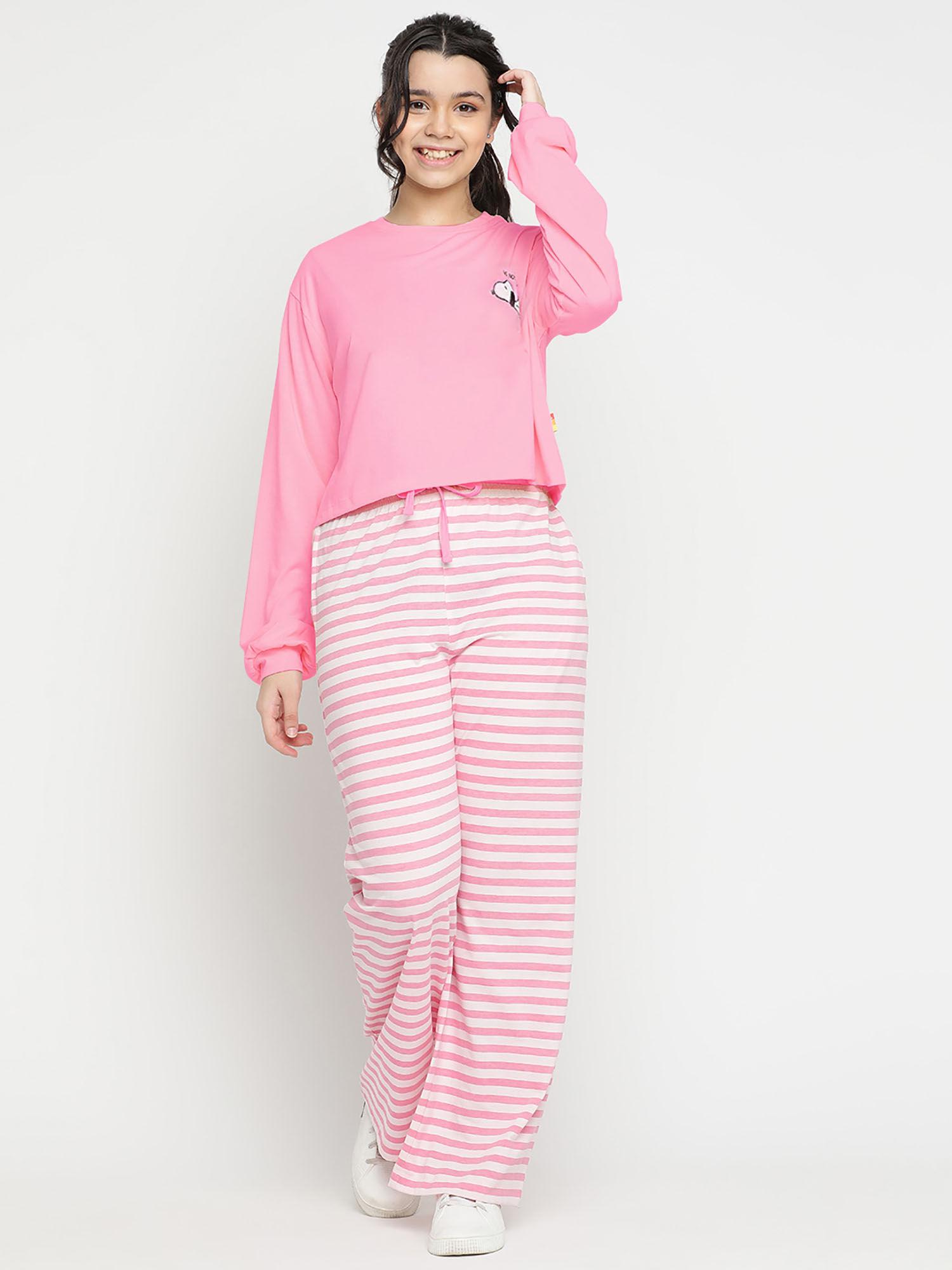 girls printed stripes cotton night suits - pink (set of 2)