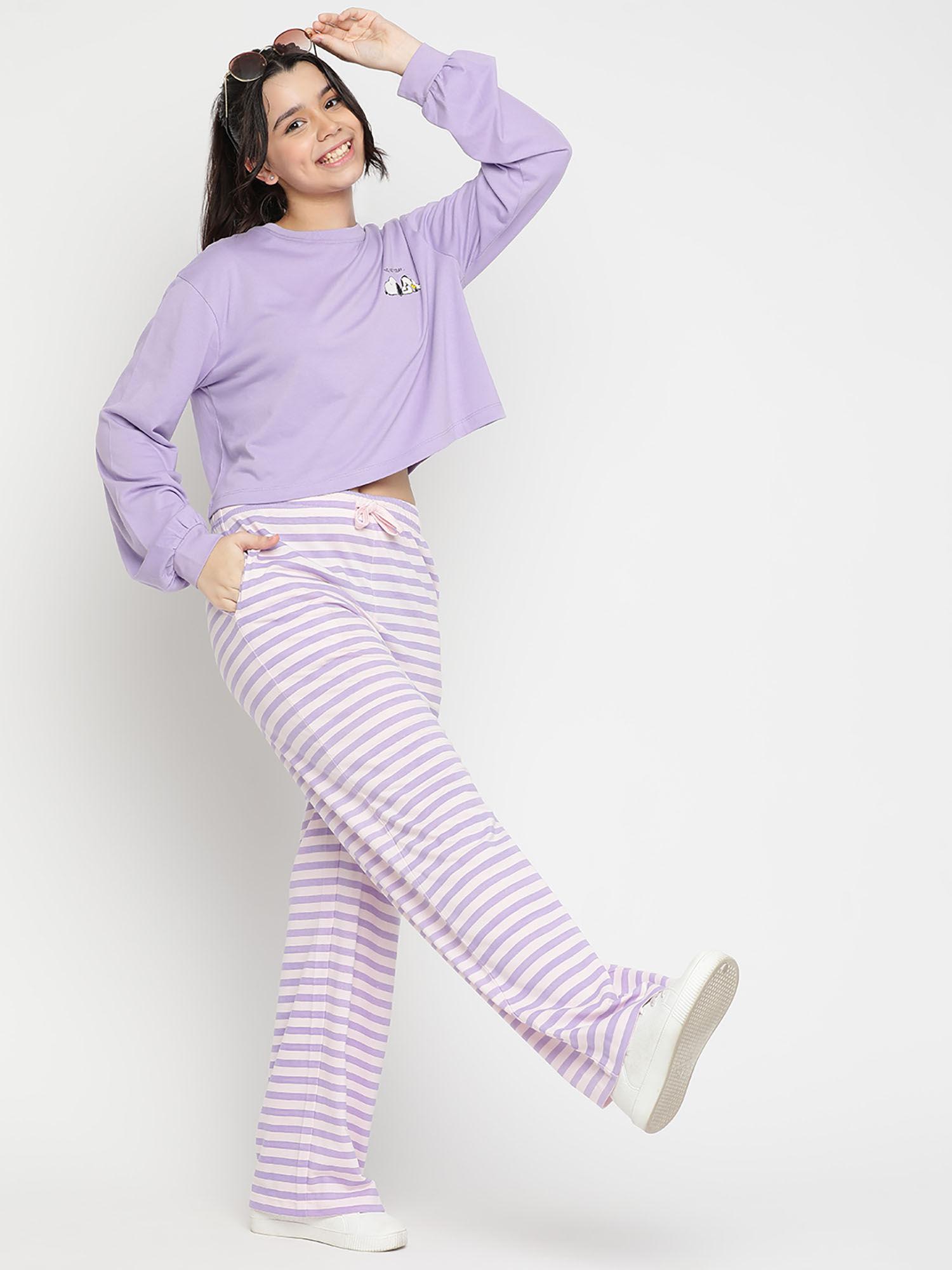 girls printed stripes cotton night suits - purple (set of 2)