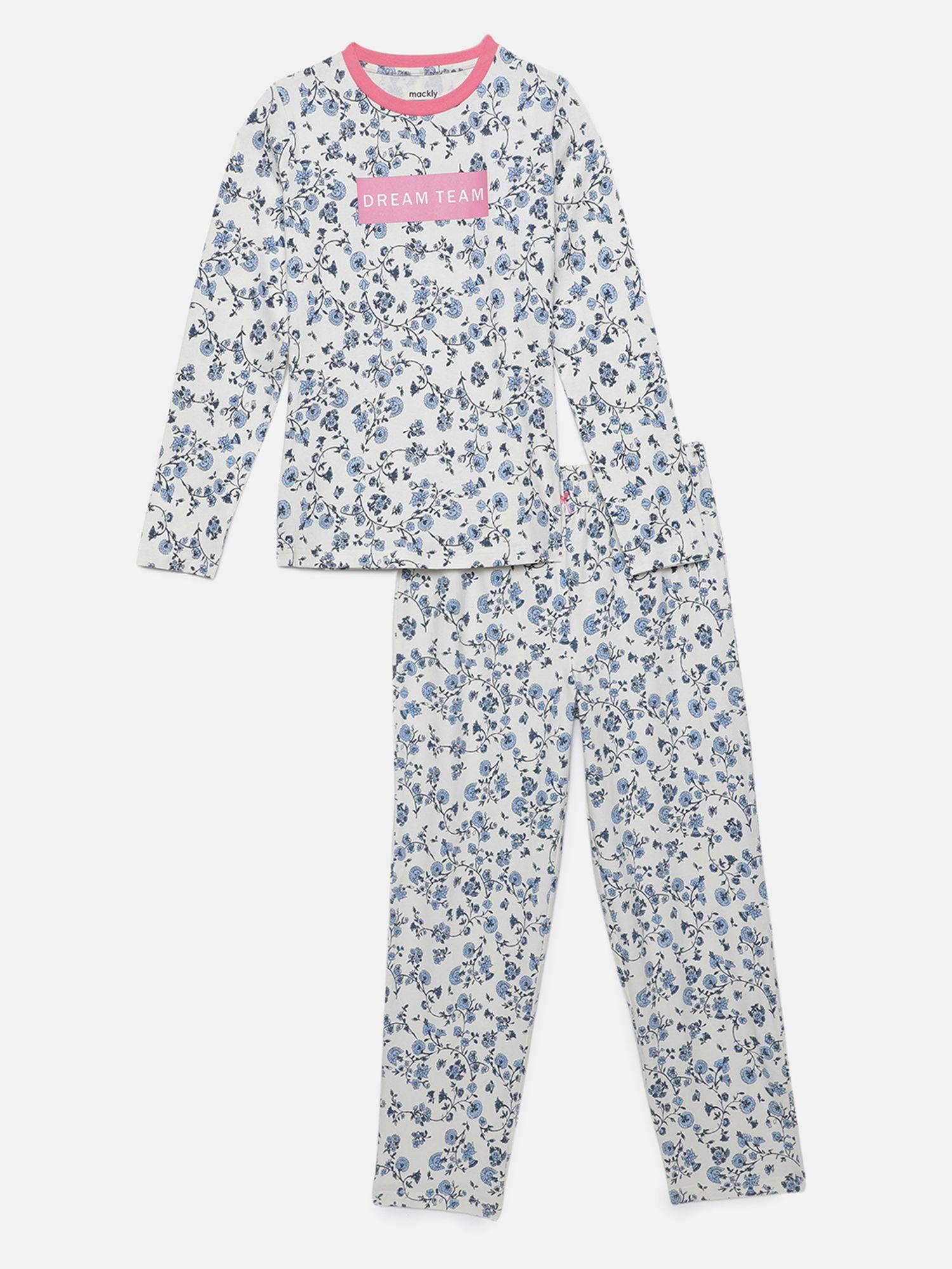 girls printed white & blue t-shirt and pyjama (set of 2)