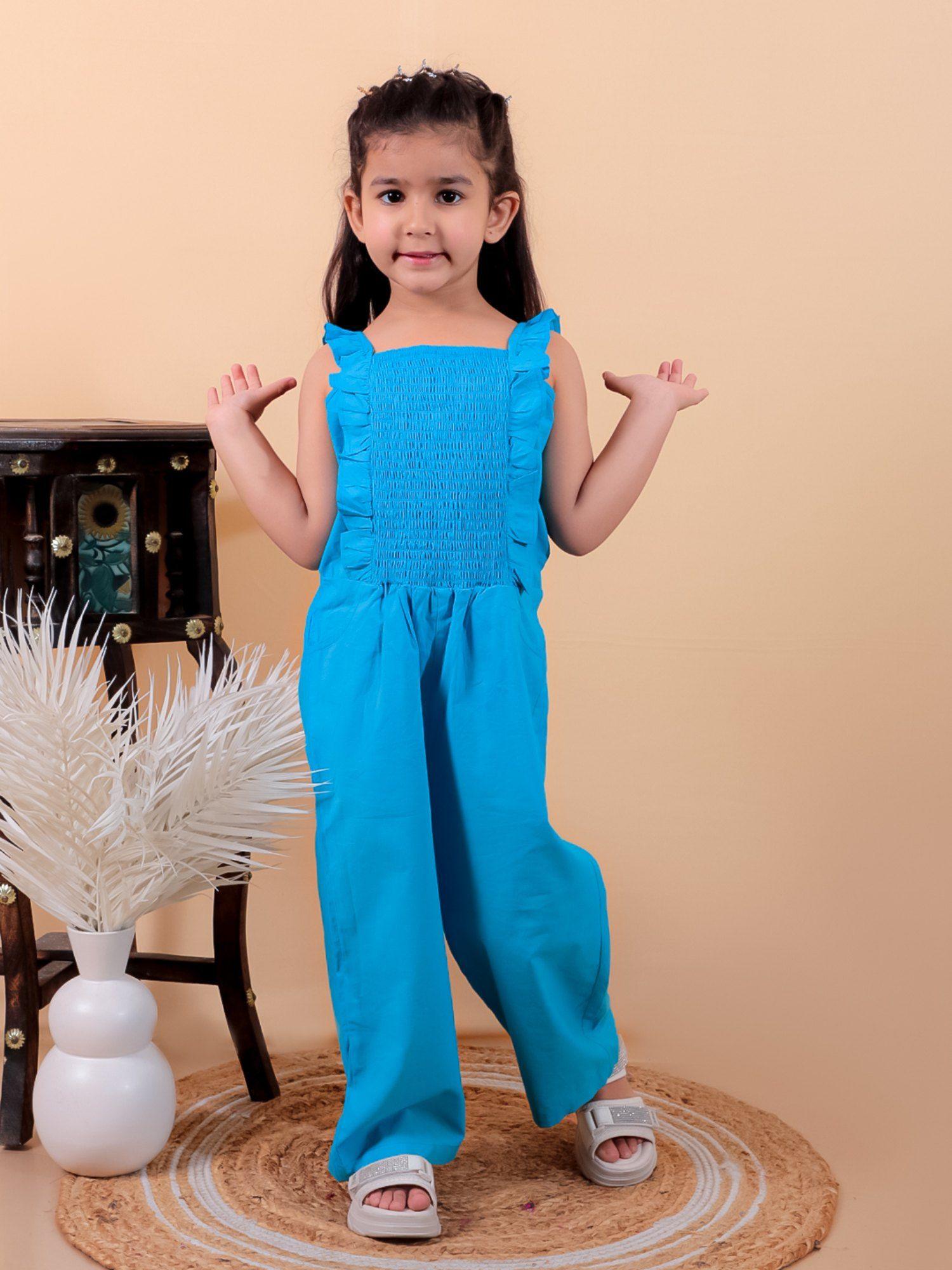 girls pure cotton ruffled smoked basic jumpsuit