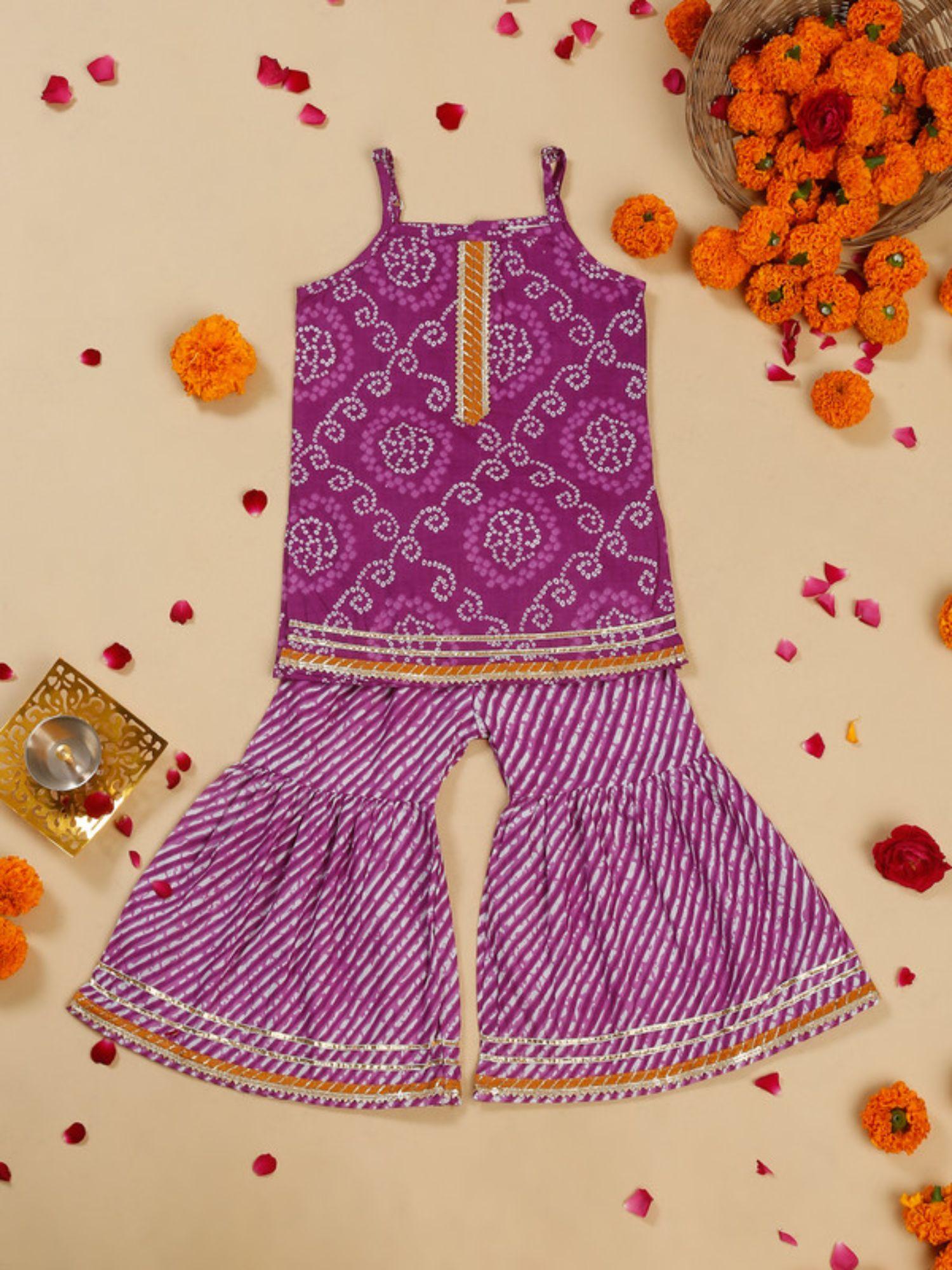 girls purple printed kurta with sharara (set of 2)