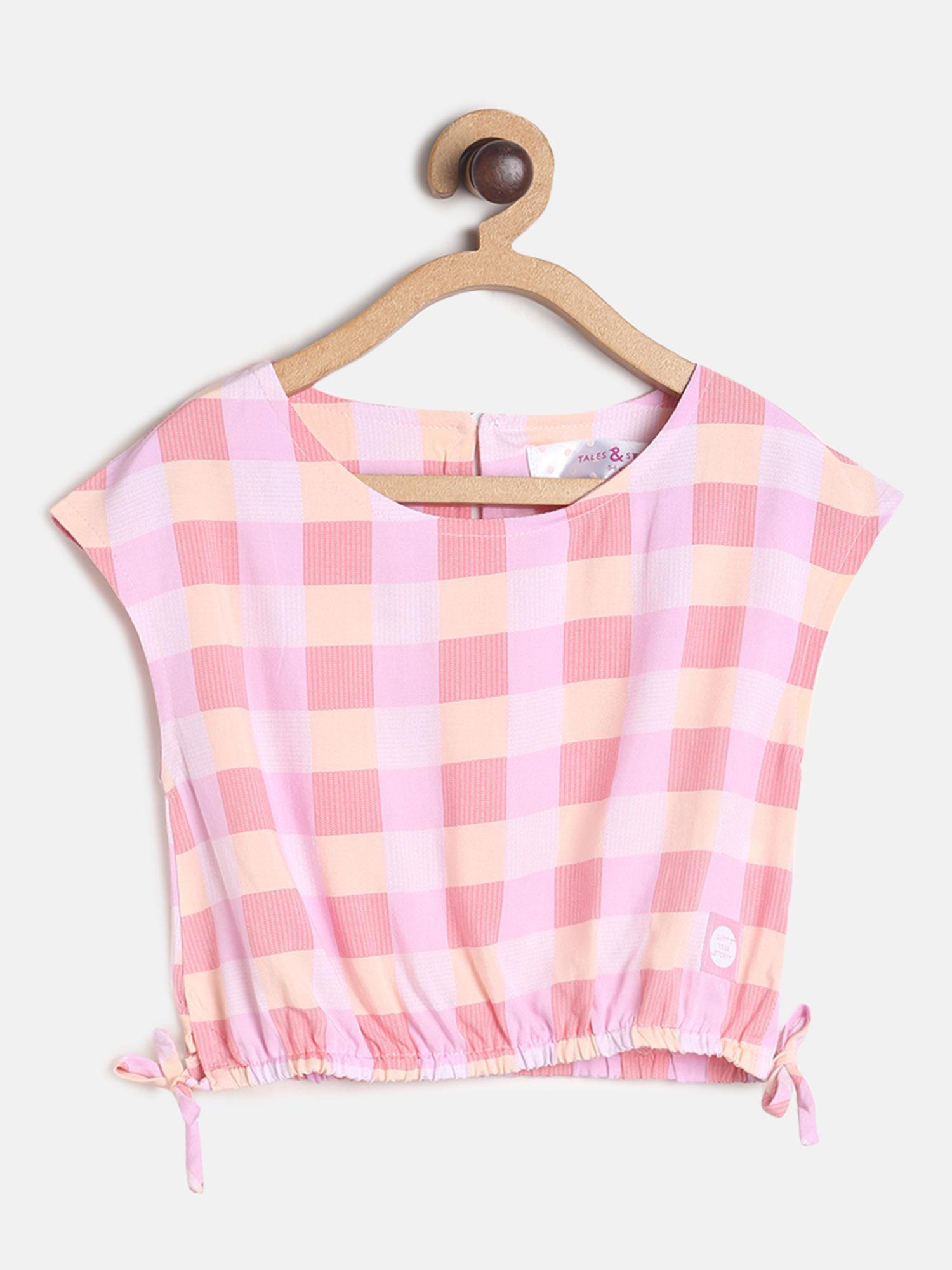 girls rayon baby pink checks printed top