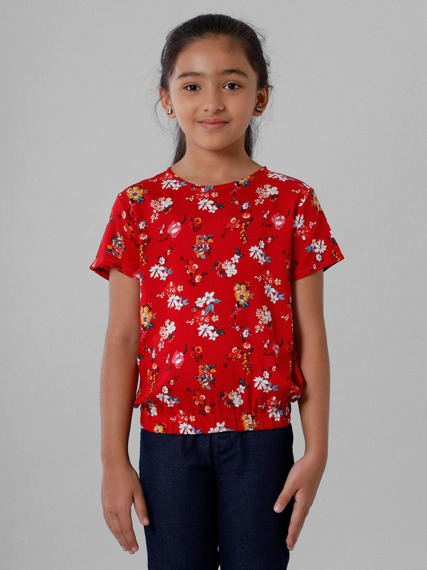 girls rayon printed top red