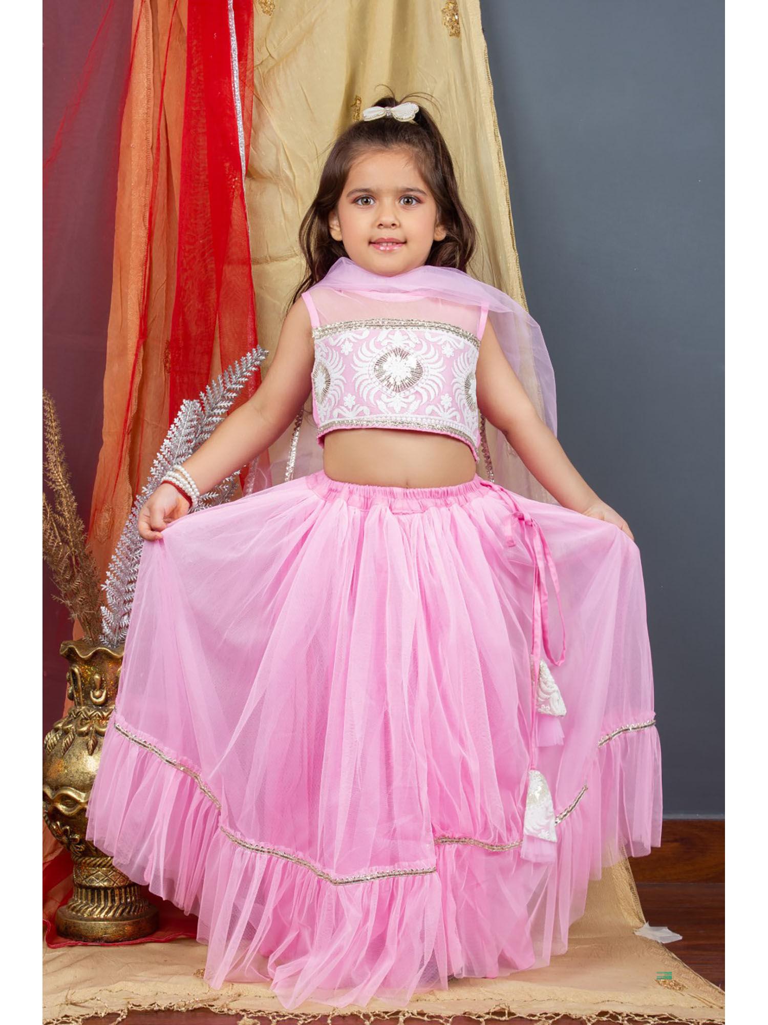 girls ready to wear lehenga & blouse with dupatta pink (set of 3)
