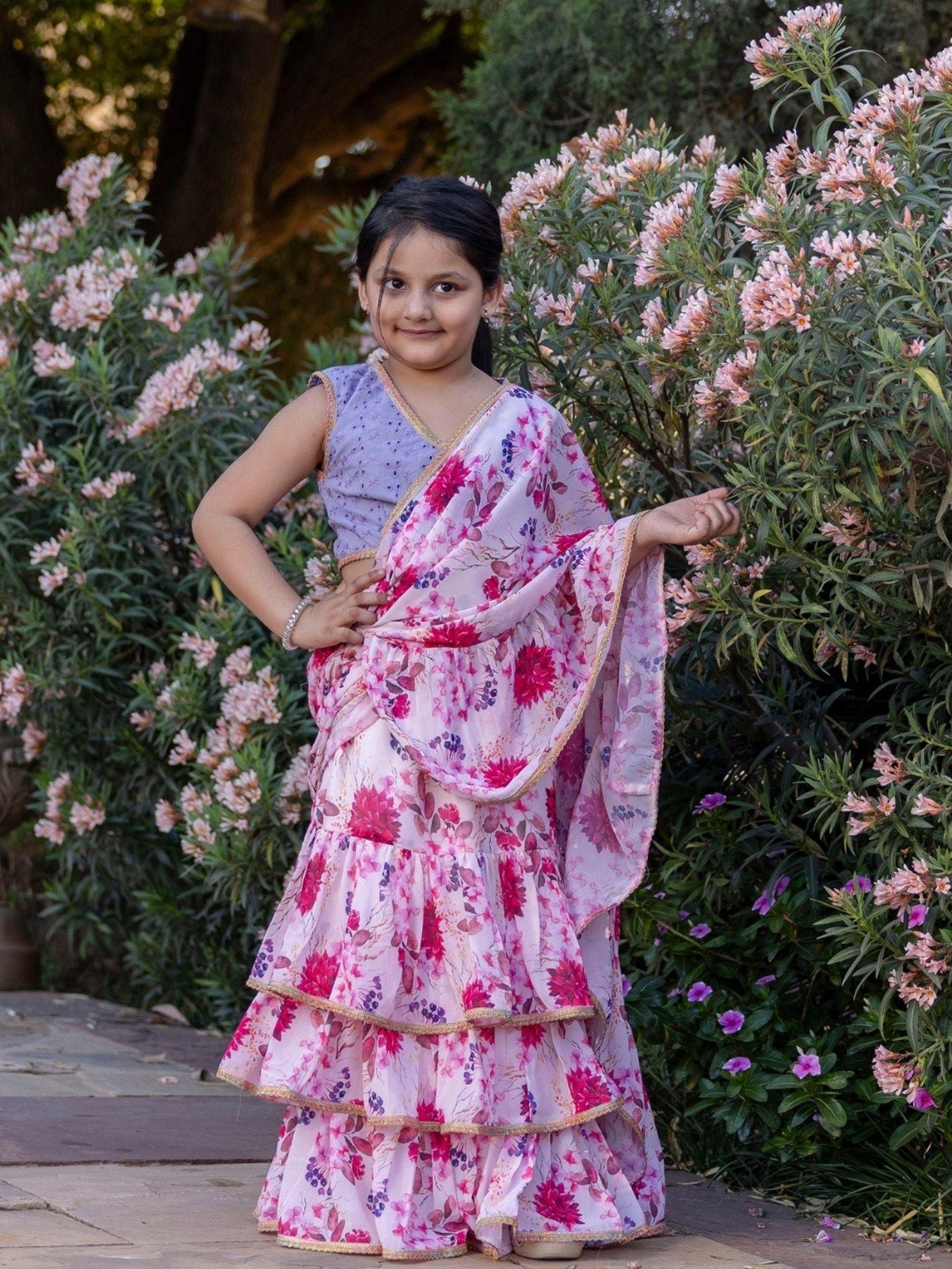 girls ready to wear pink saree with schiffli stitched blouse