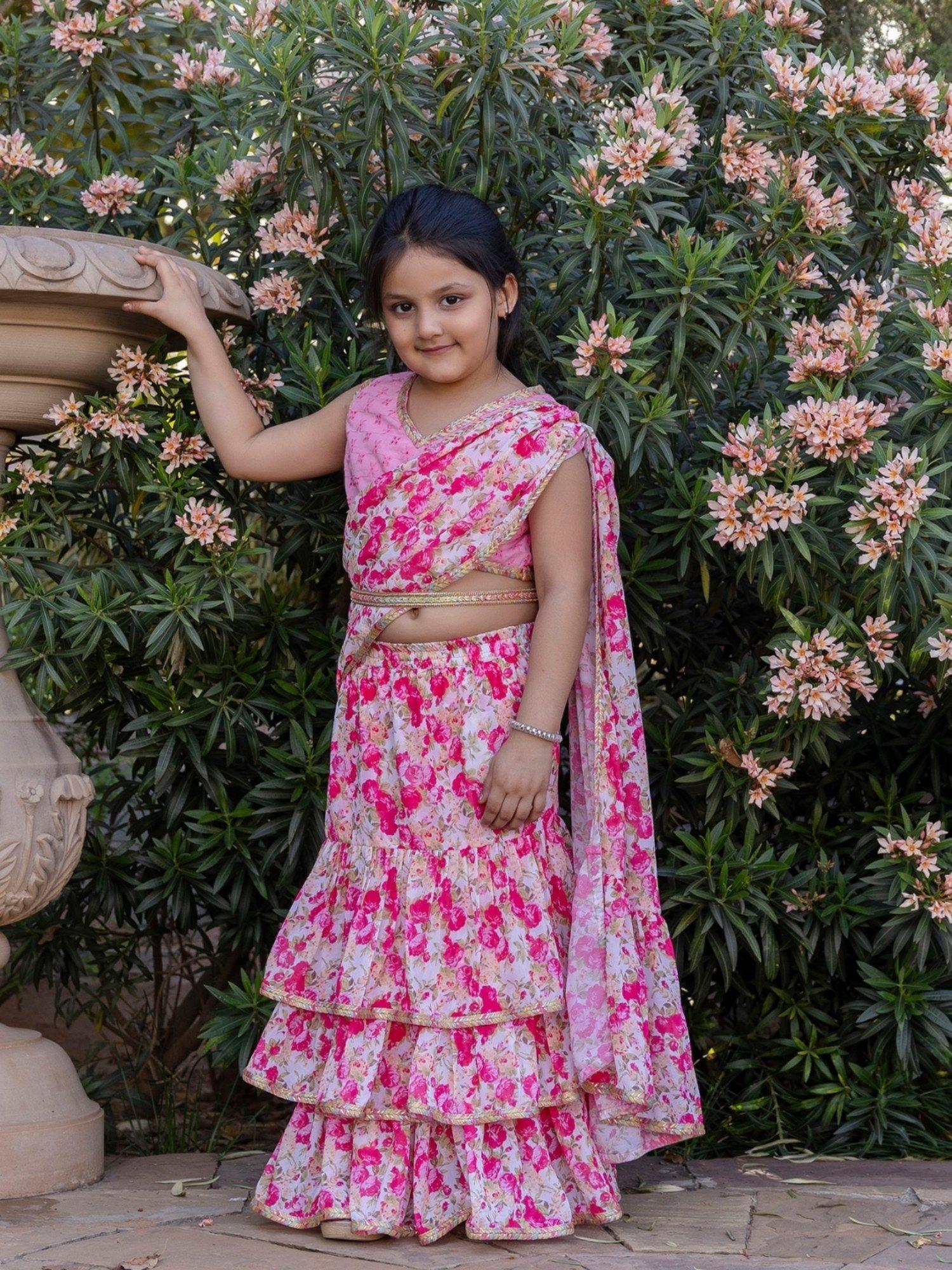 girls ready to wear saree in pink with schiffli stitched blouse