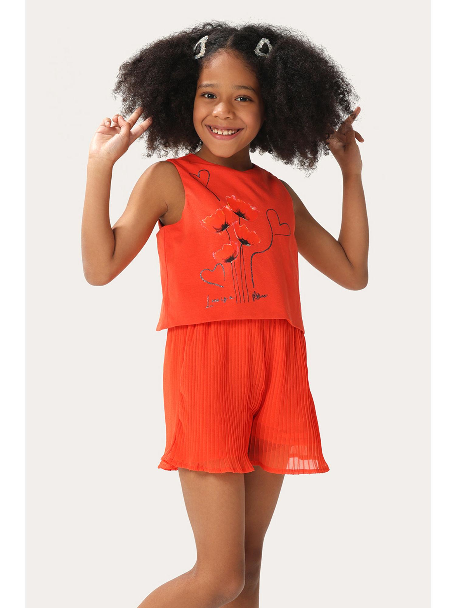 girls red cotton blend pleated short jumpsuit