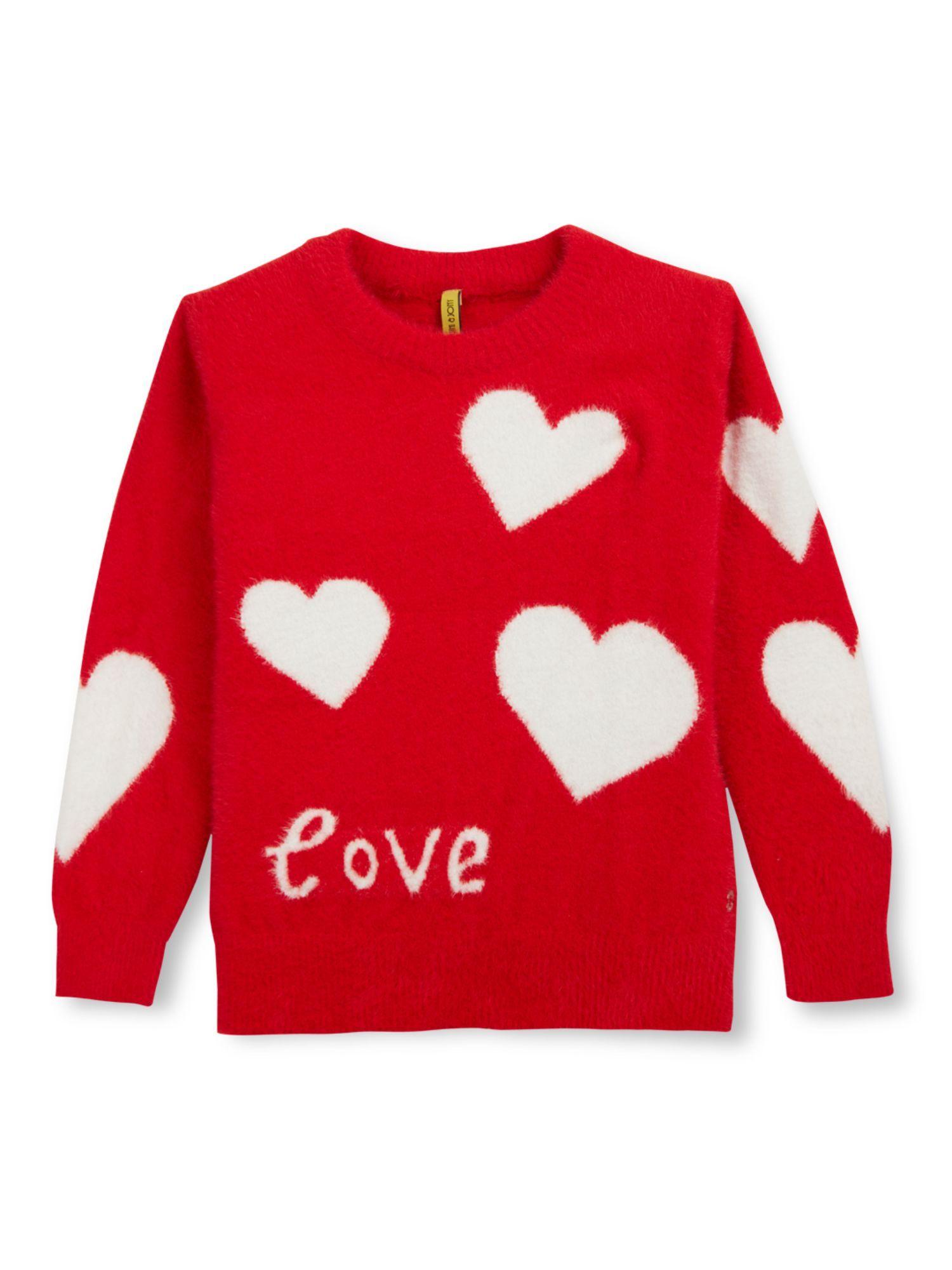 girls red cotton full sleeves printed sweater