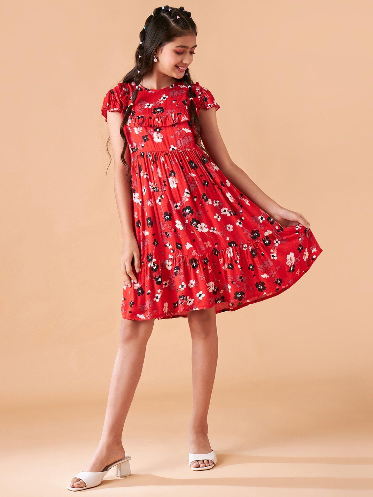 girls red empire knee length dress