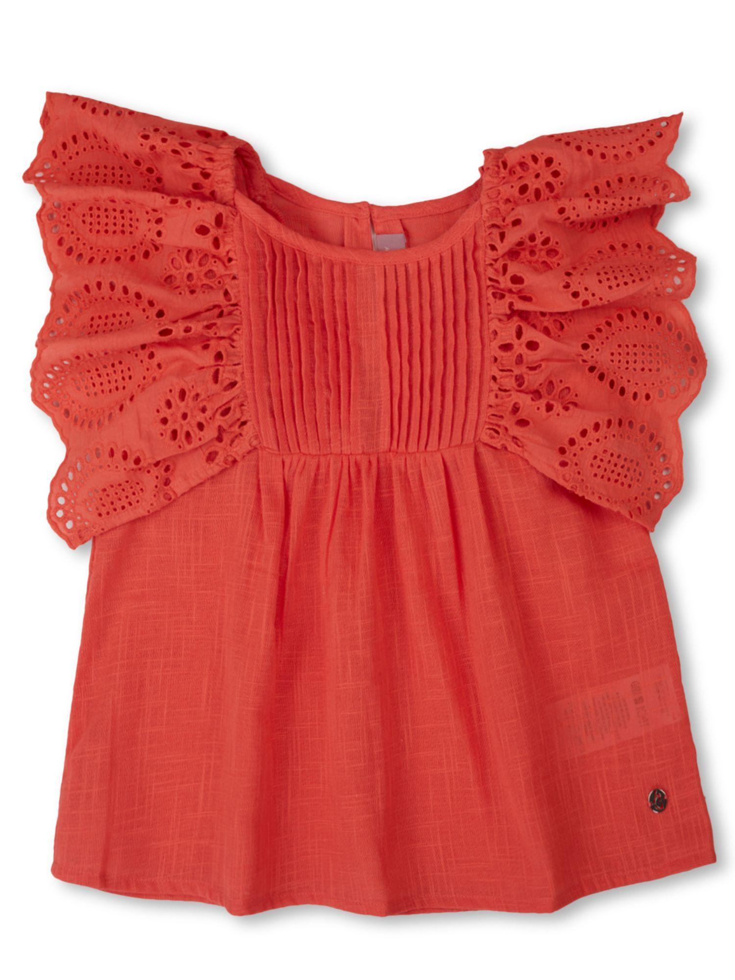 girls red eyelet cotton woven top