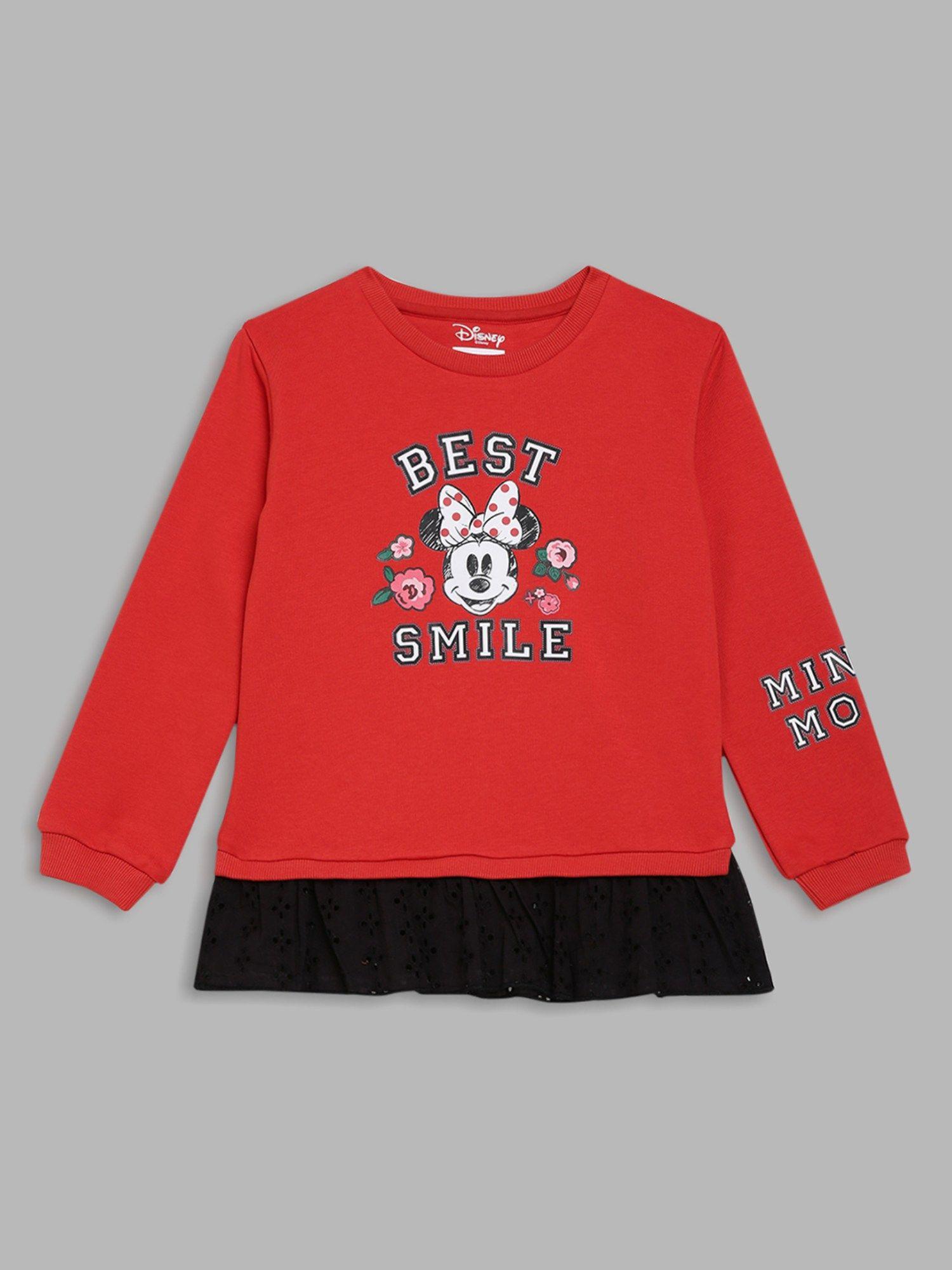 girls red mickey mouse printed round neck full sleeves sweatshirt