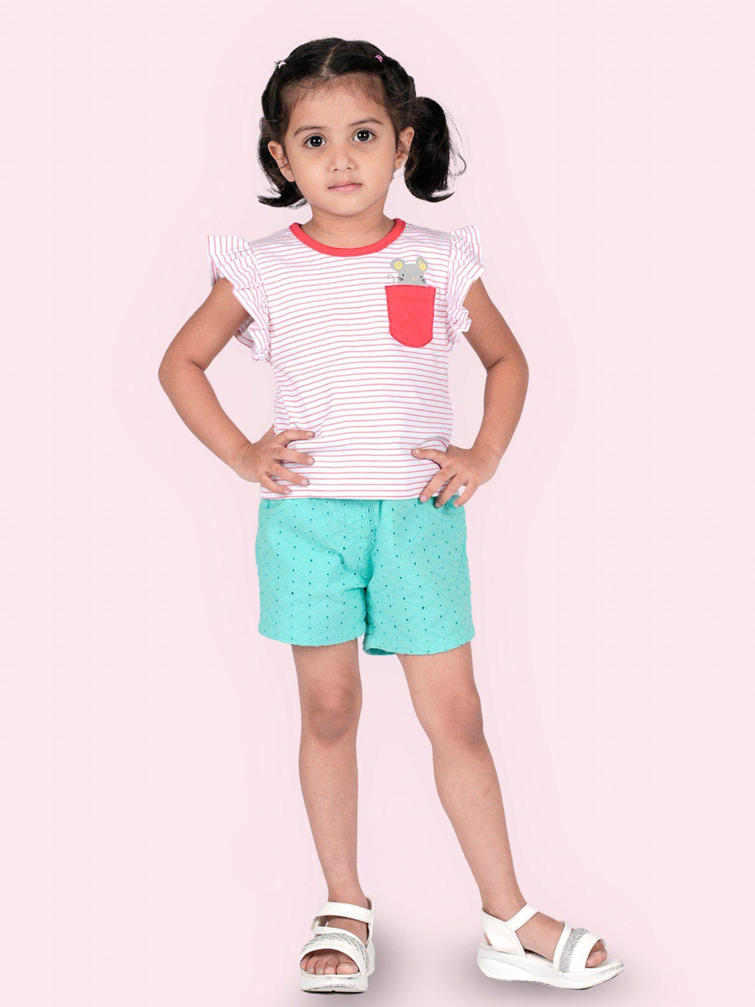 girls red pure cotton striped top with shorts (set of 2)