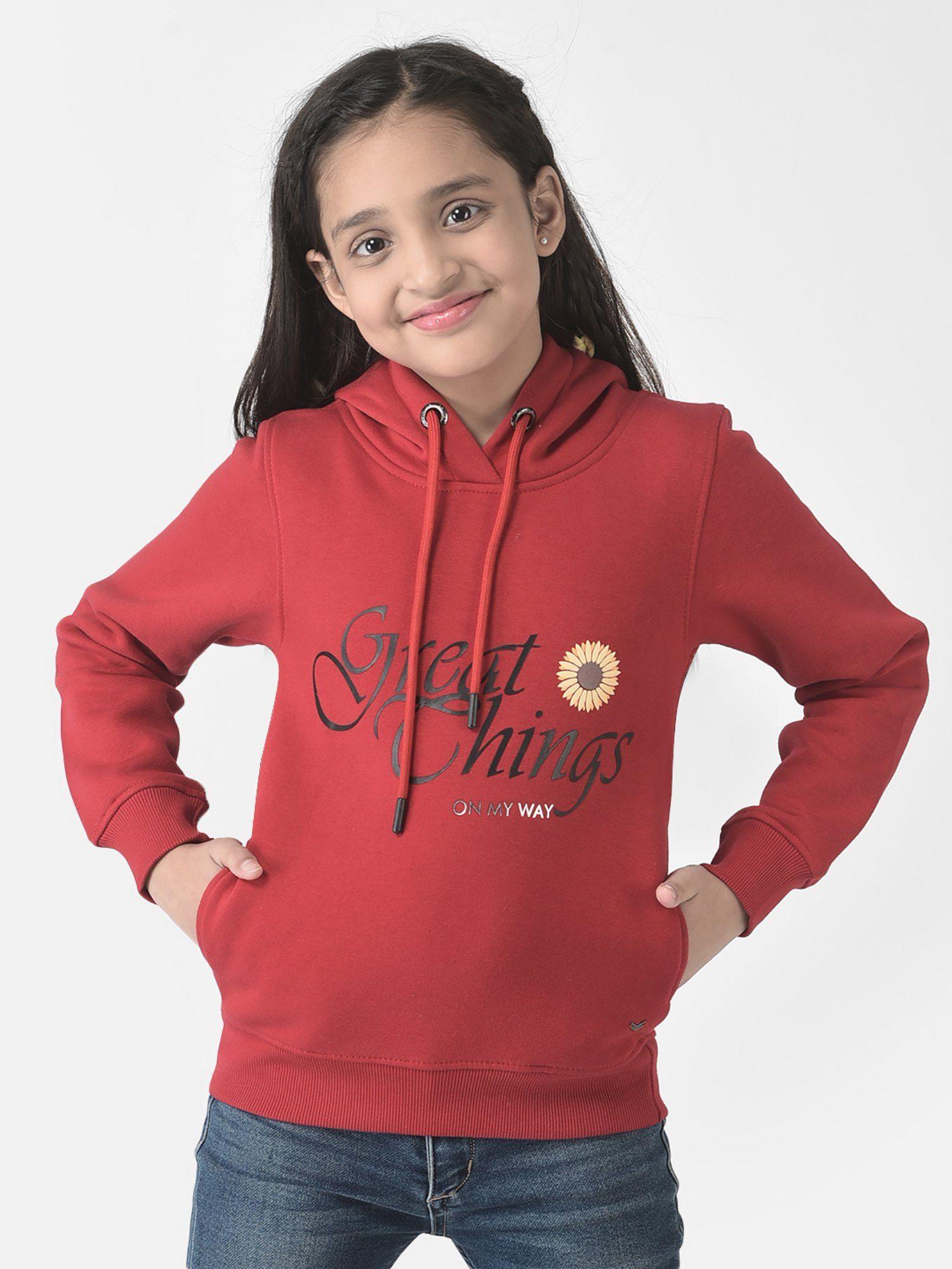 girls red typographic hoodie