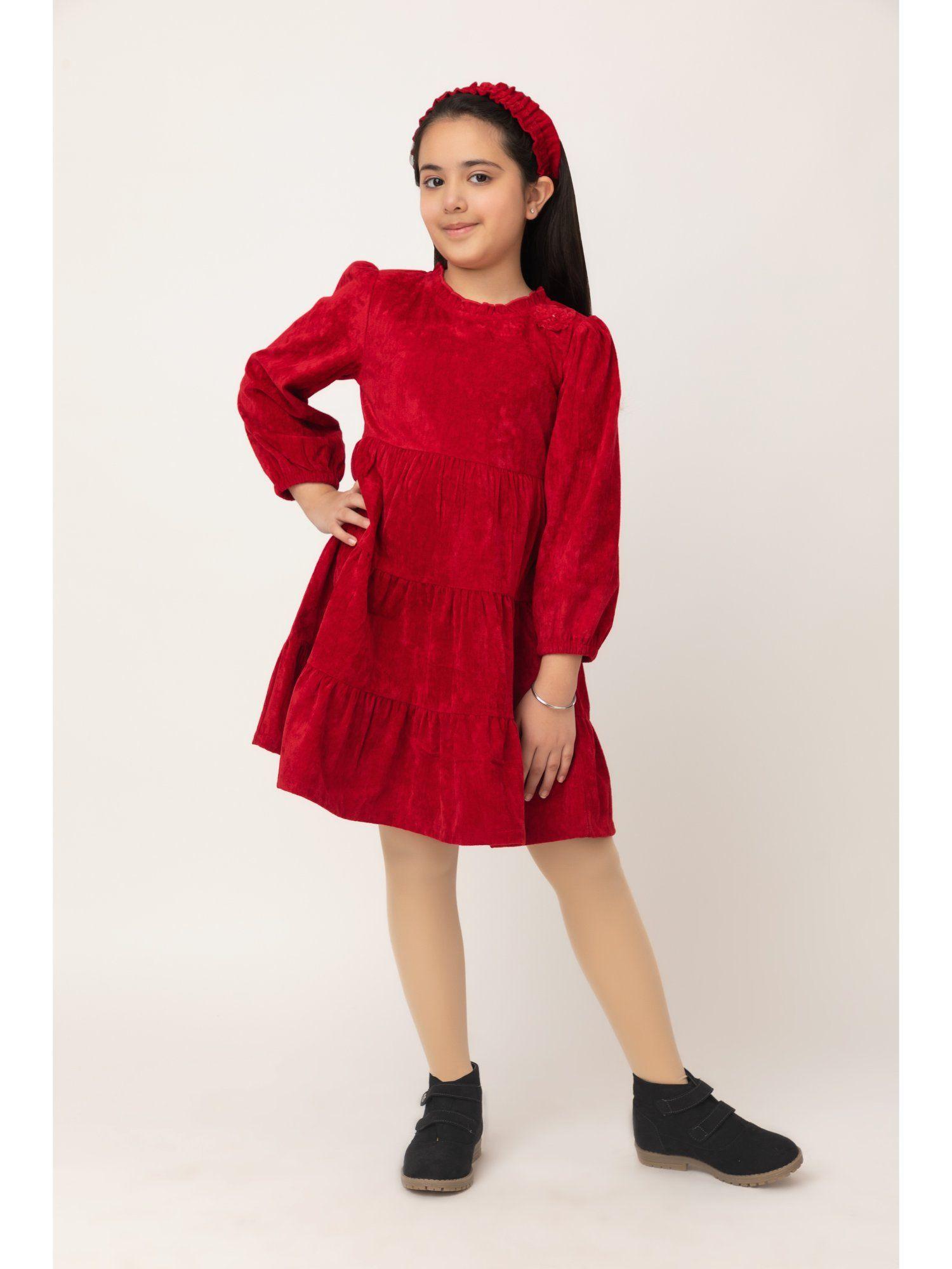 girls red velvet solid full sleeves ruffled neck knee length dress