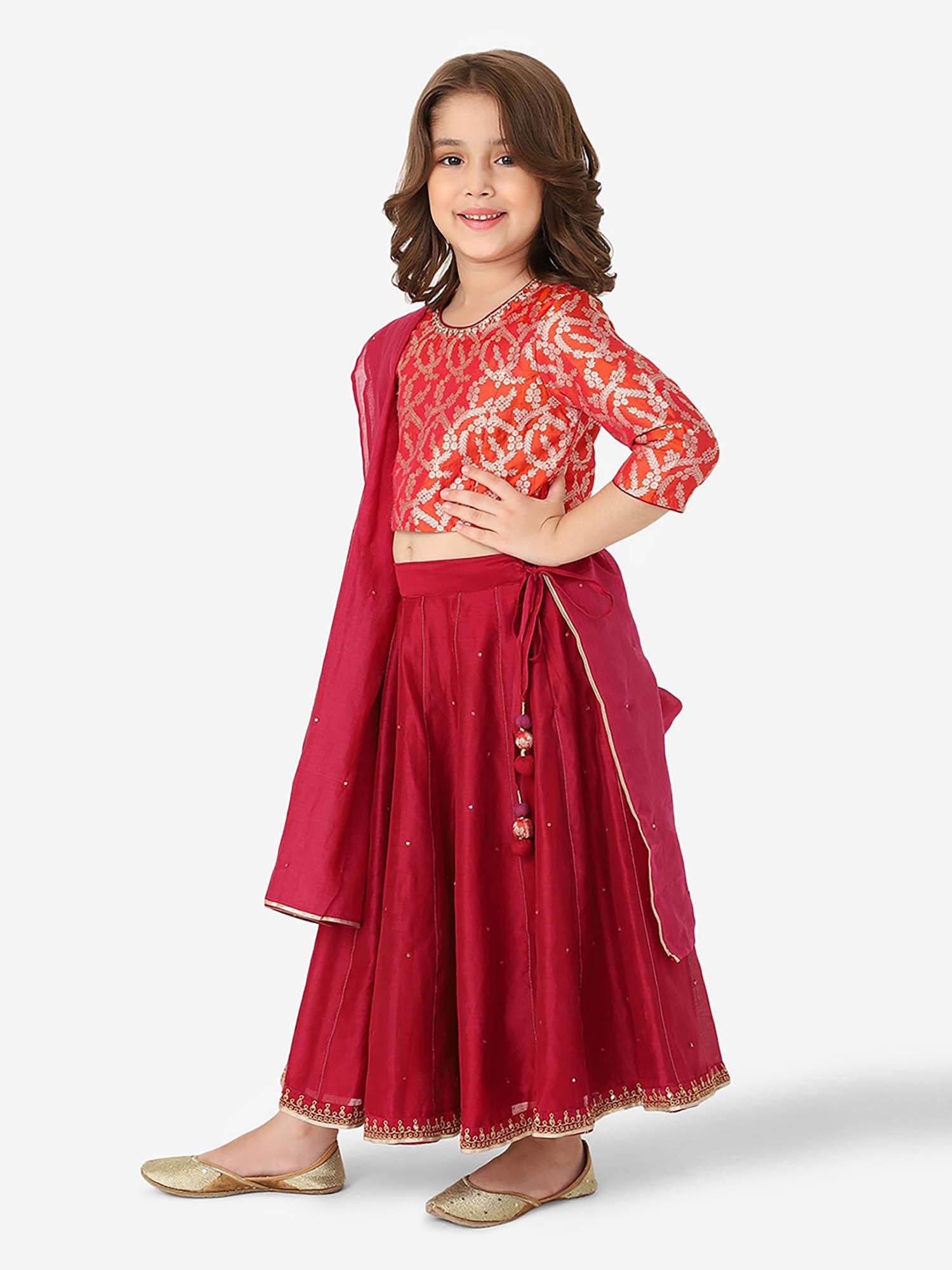 girls red woven lehenga set