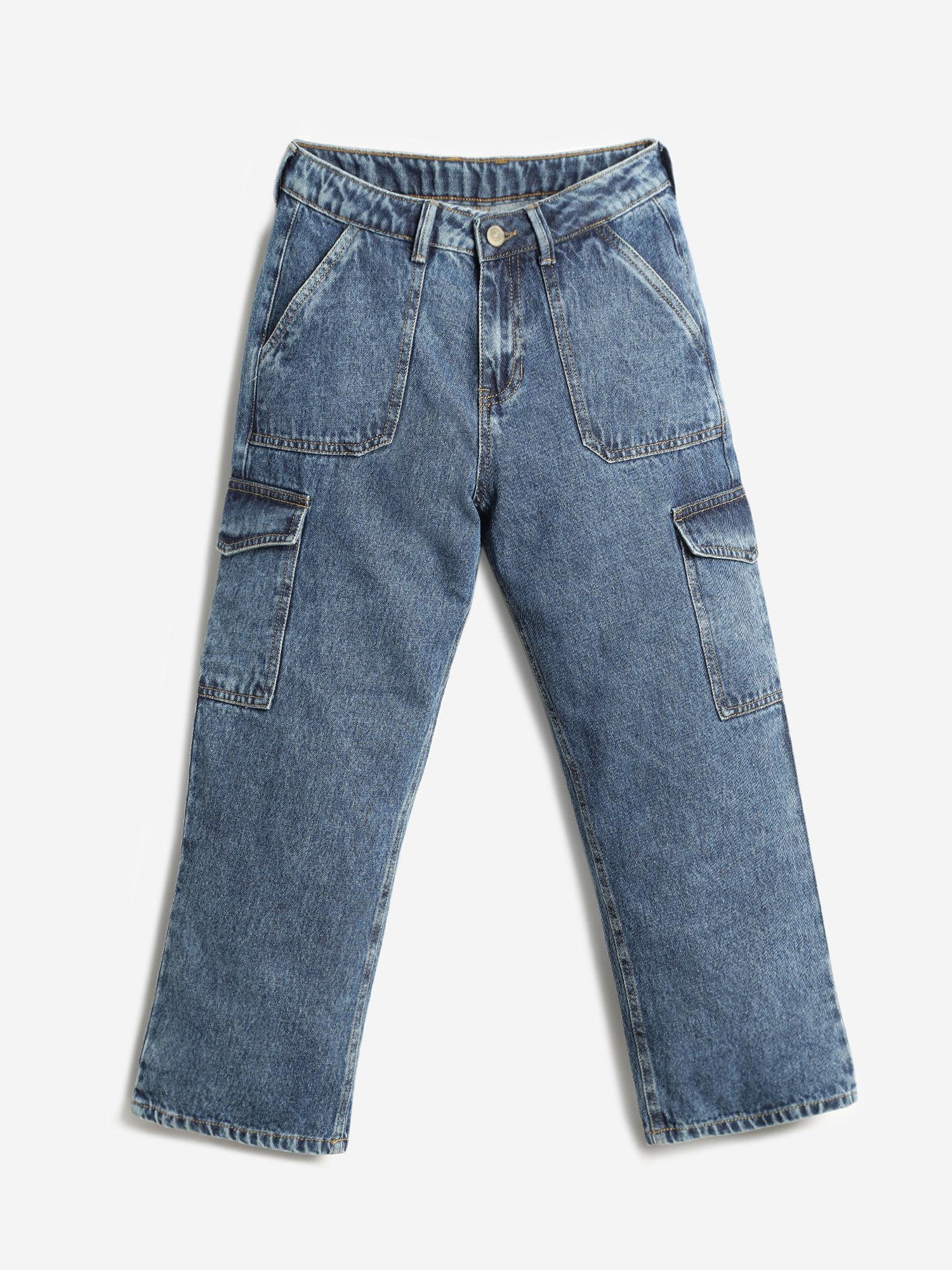 girls regular fit cargo denim jeans - medium blue