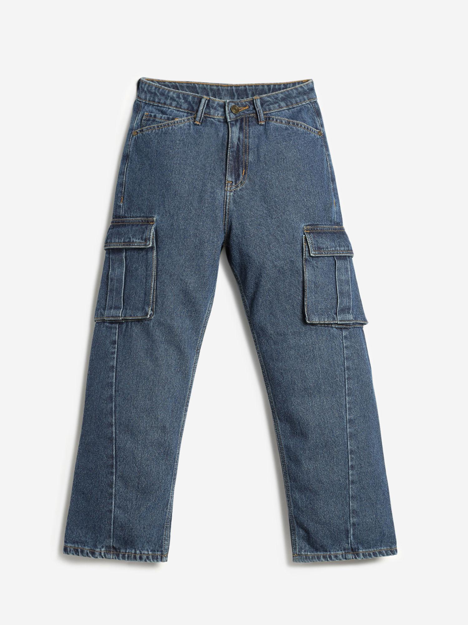 girls regular fit cargo denim jeans - medium blue