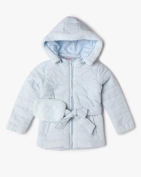 girls regular fit puffer jacket with detachable hoodie
