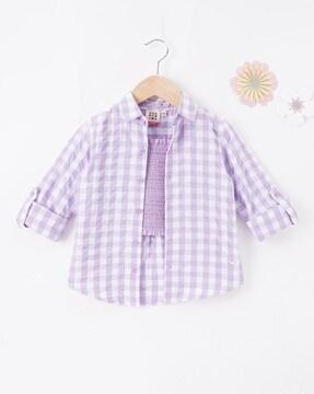 girls regular fit smocked top with checkered shirt