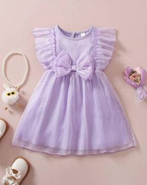 girls round-neck fit & flare dress with bow accent