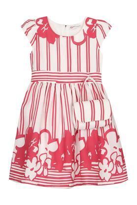 girls round neck floral printed flared dress - pink
