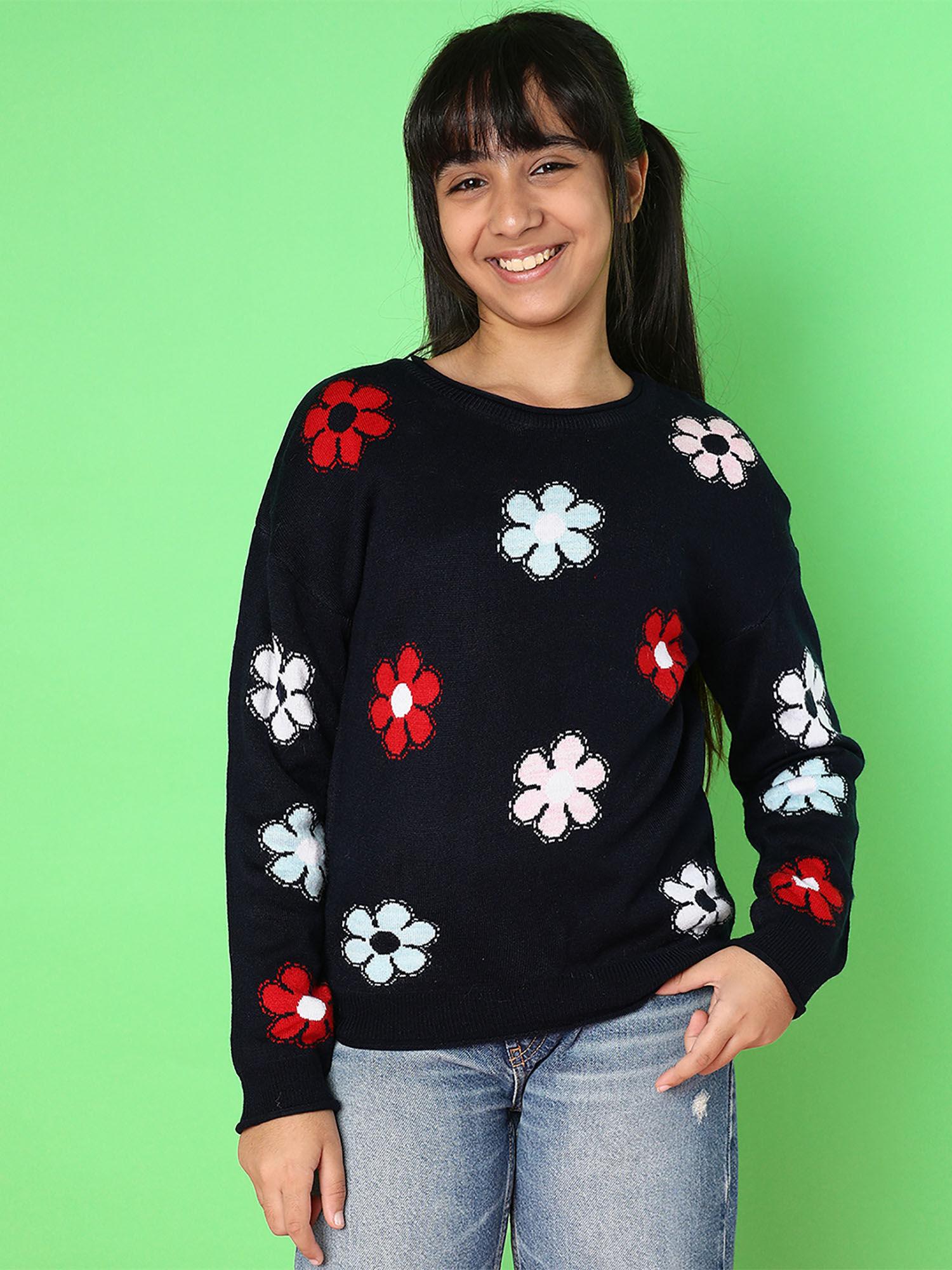 girls round neck jacquard pullover sweater