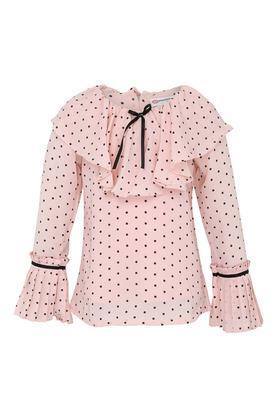 girls round neck polka dots top - peach