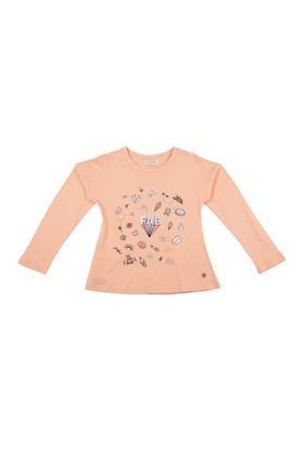 girls round neck printed top - peach