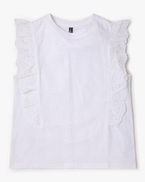 girls round-neck schiffli ruffled top