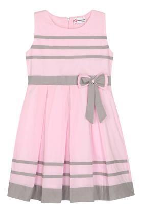 girls round neck striped flared dress - pink