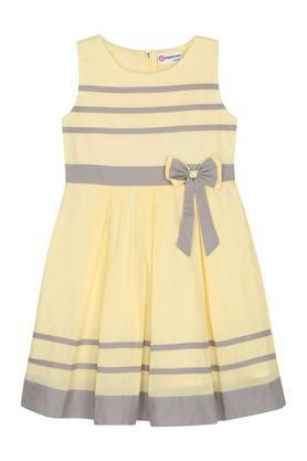 girls round neck striped flared dress - yellow