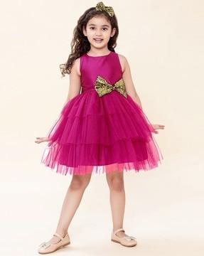 girls round-neck tiered dress with bow accent
