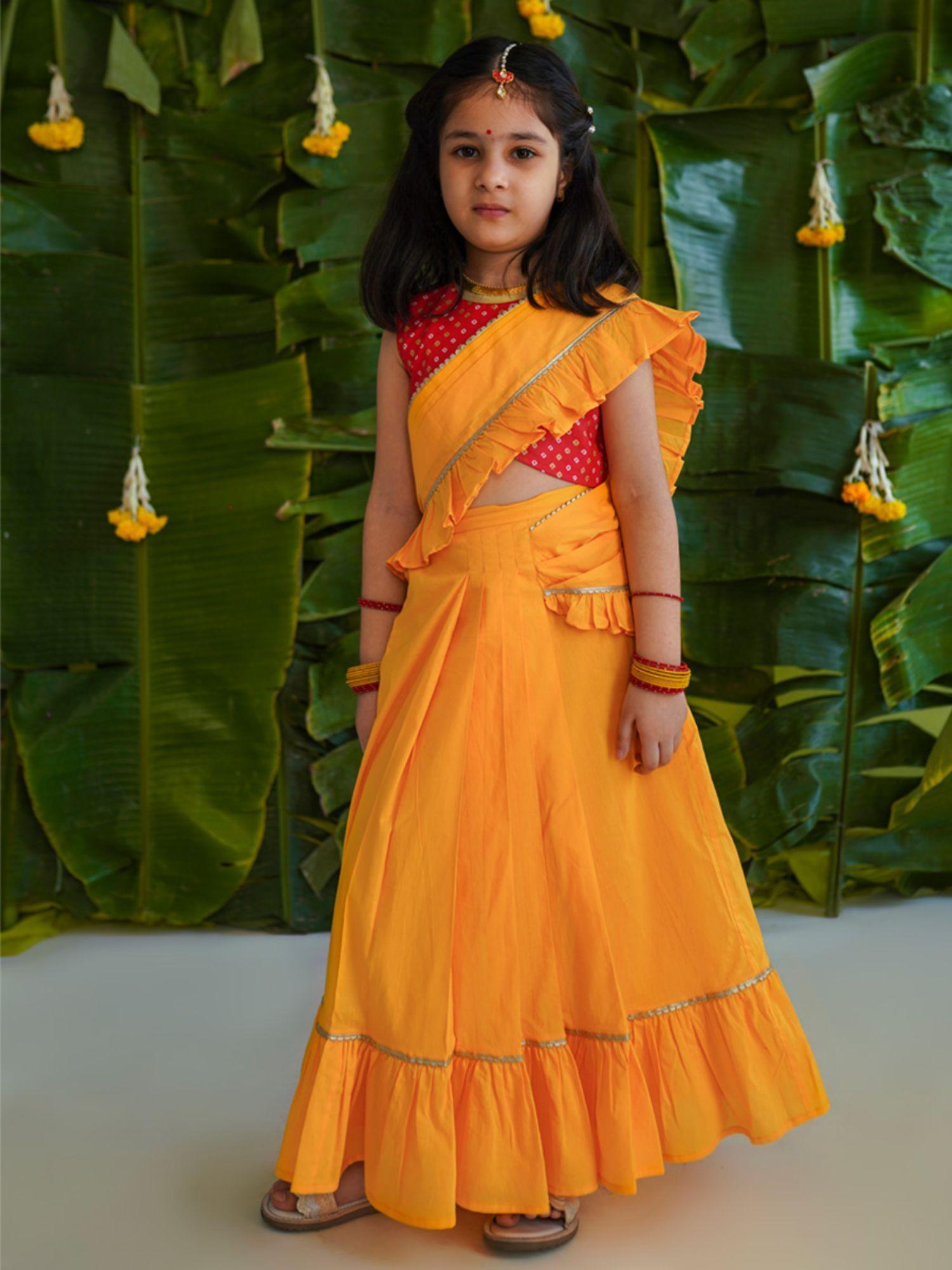 girls ruffle saree - yellow (set of 2)