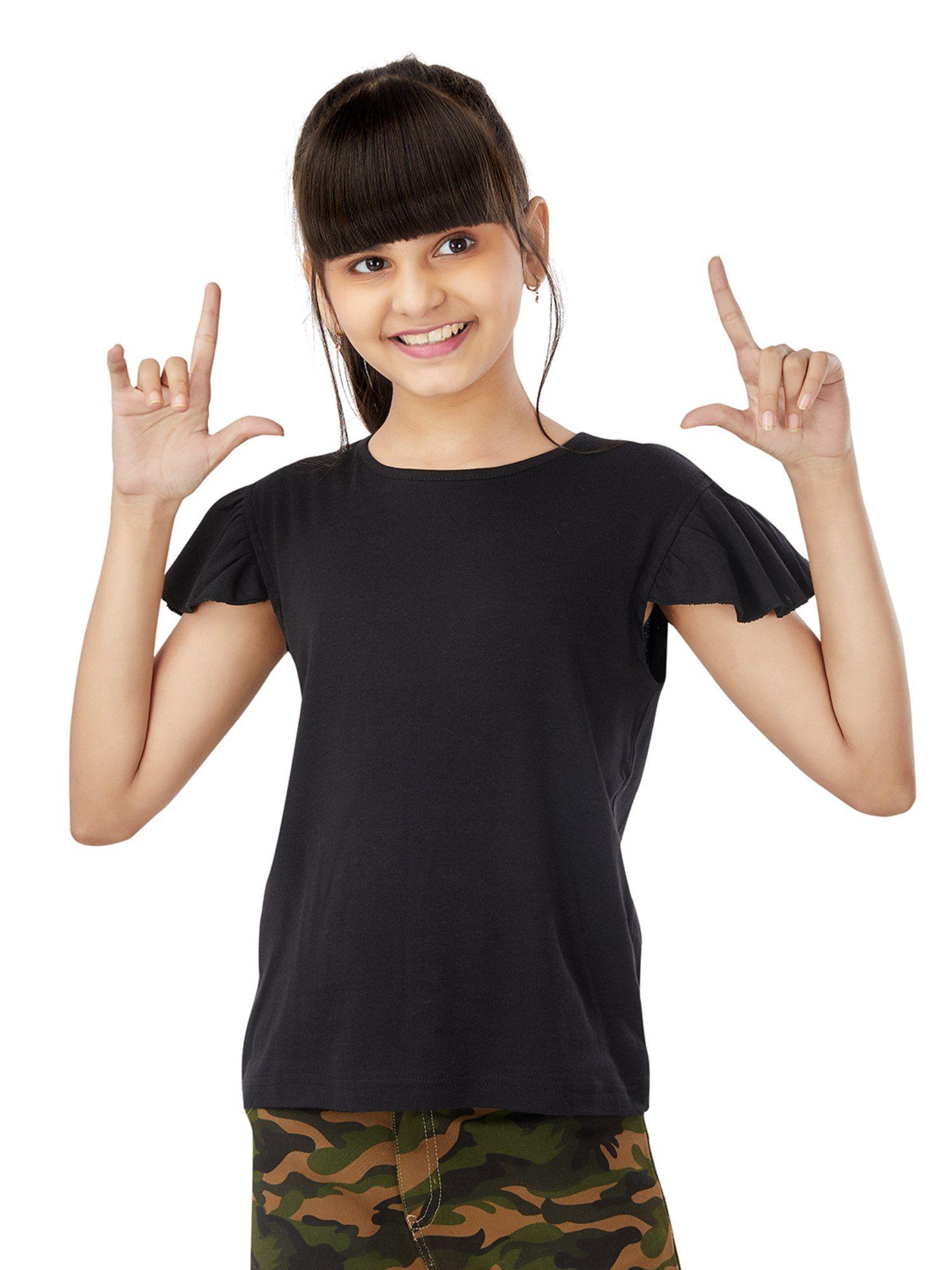 girls ruffle short sleeve top - black