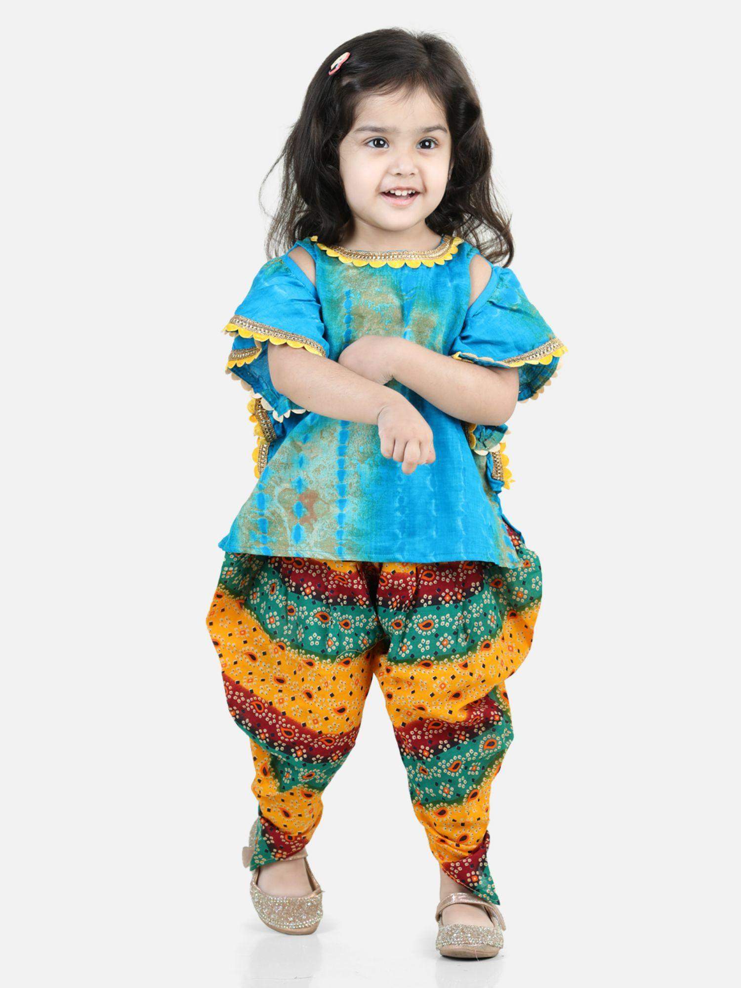 girls ruffle sleeve top with printed dhoti - blue (set of 2)