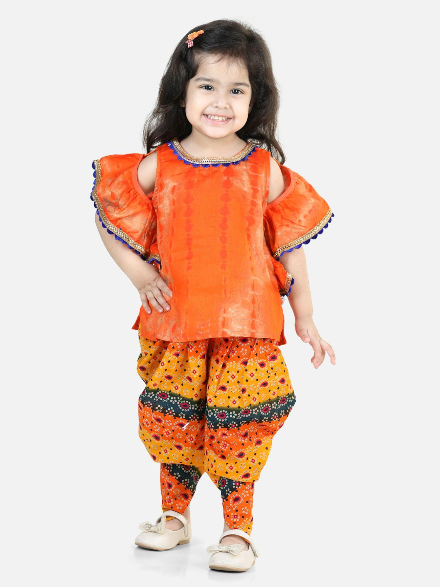 girls ruffle sleeve top with printed dhoti - orange (set of 2)