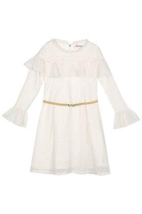 girls ruffled collar embellished layered dress with belt - off white