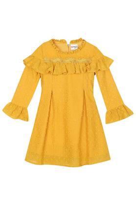 girls ruffled collar embellished pleated dress - mustard