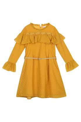 girls ruffled collar self printed flared dress - mustard
