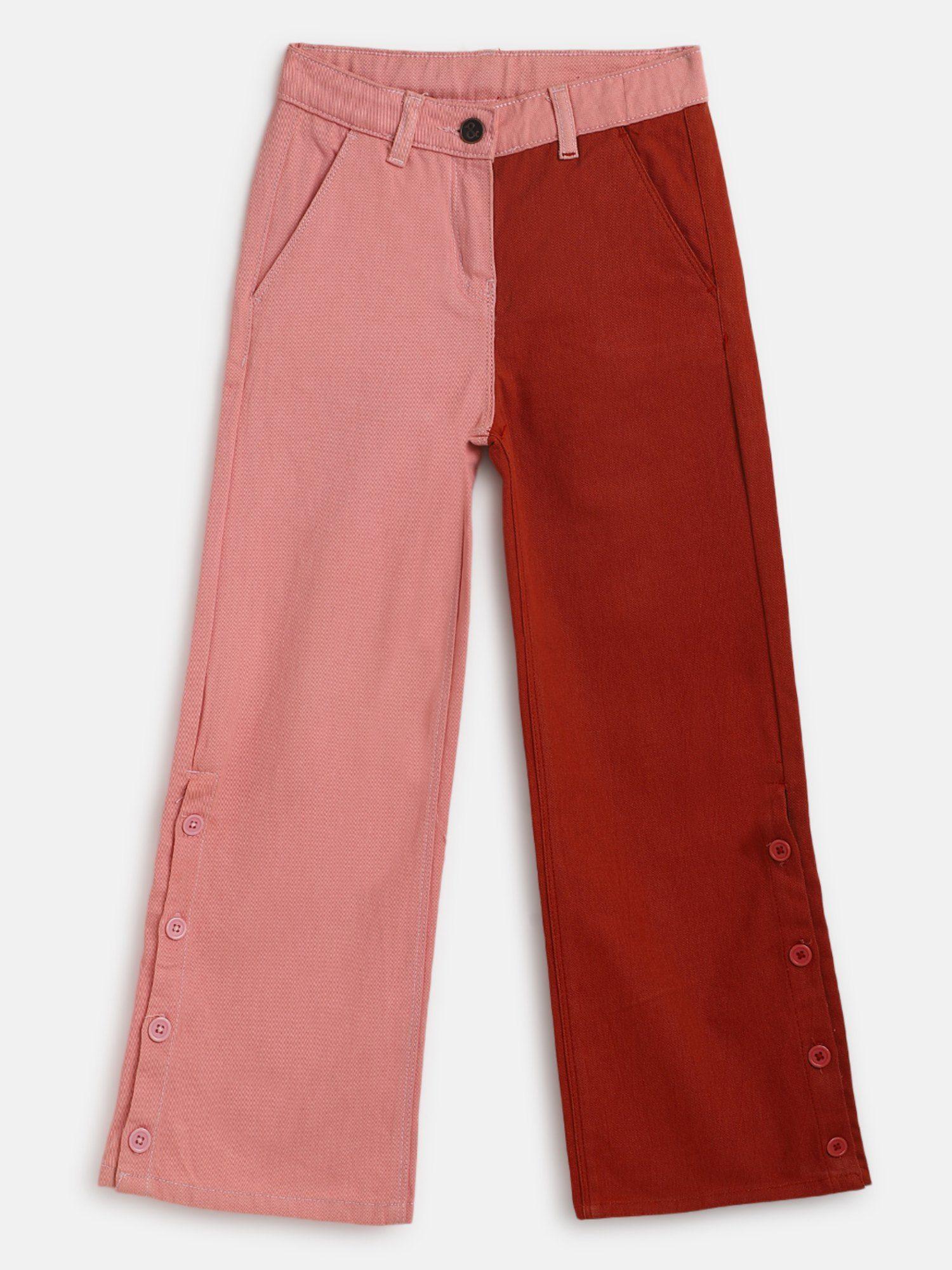 girls rust pink cotton blend regular fit colorblock trouser
