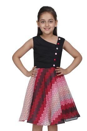 girls satin & georgette printed black dress - black