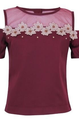 girls satin embellished maroon top - maroon