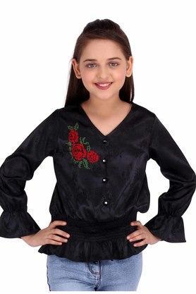 girls satin embroidered black top - black