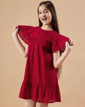 girls schiffli embroidered round-neck a-line dress