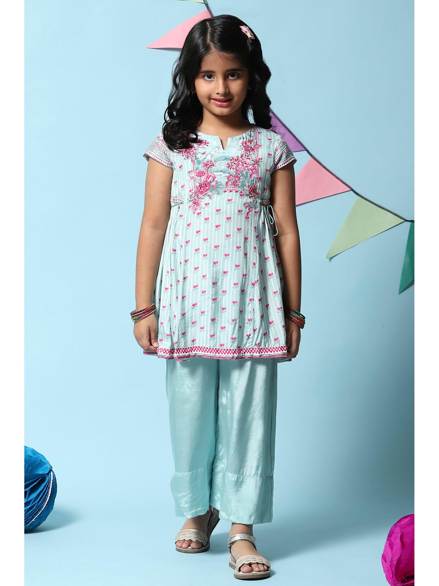 girls sea blue printed viscose flared kurta (set of 2)