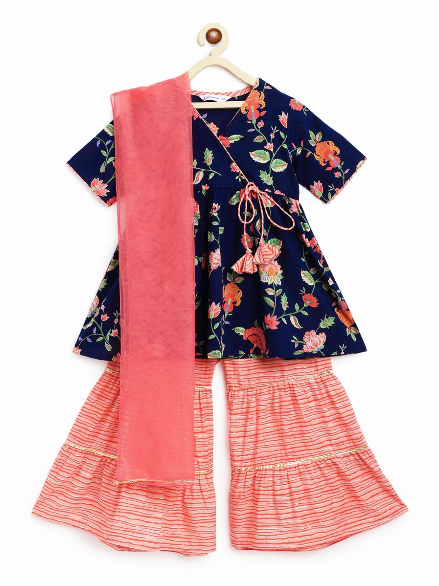 girls seamless floral print nihari sharara - navy blue & peach (set of 3)