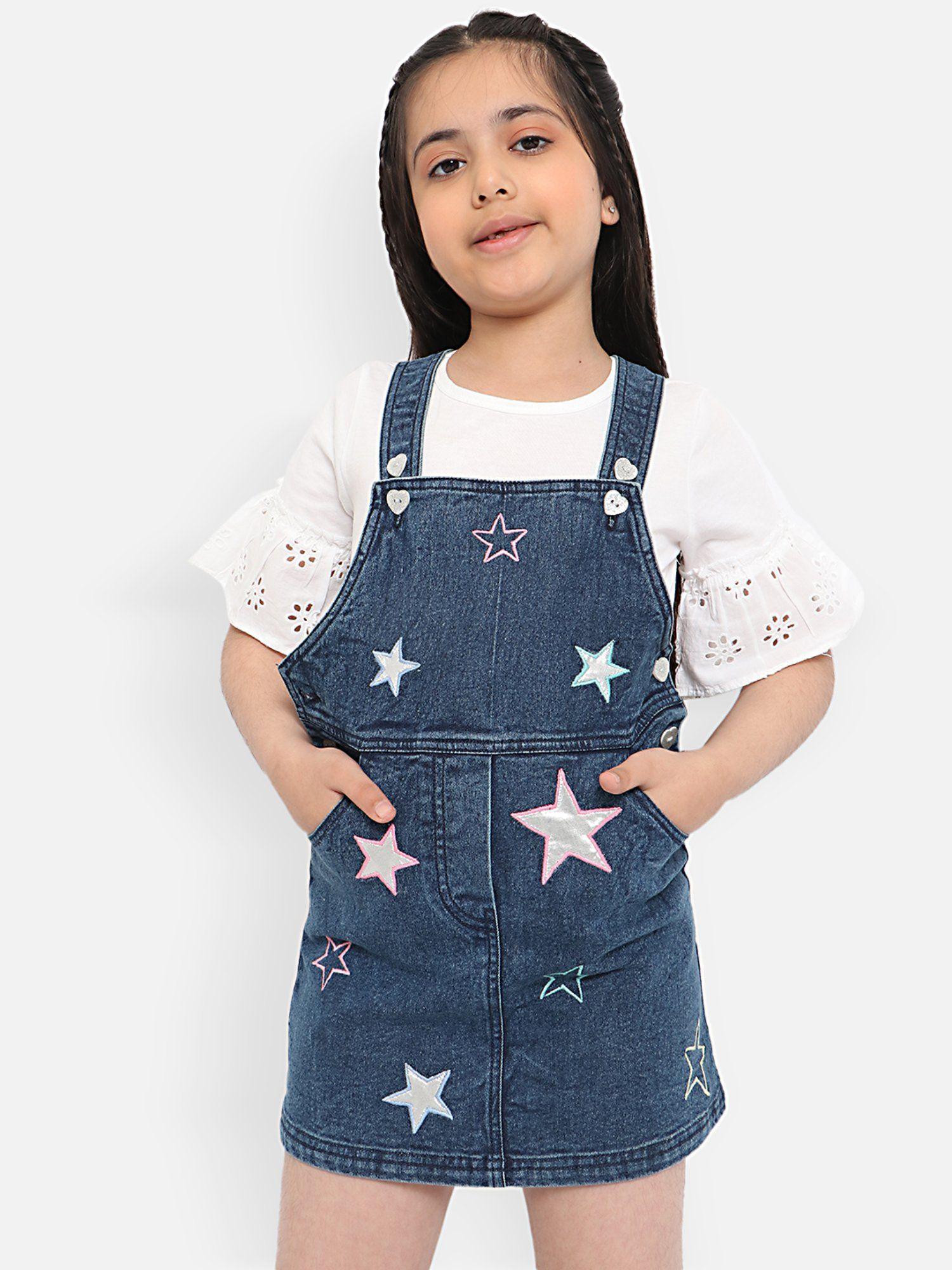 girls shoulder straps embroidered cotton dungarees